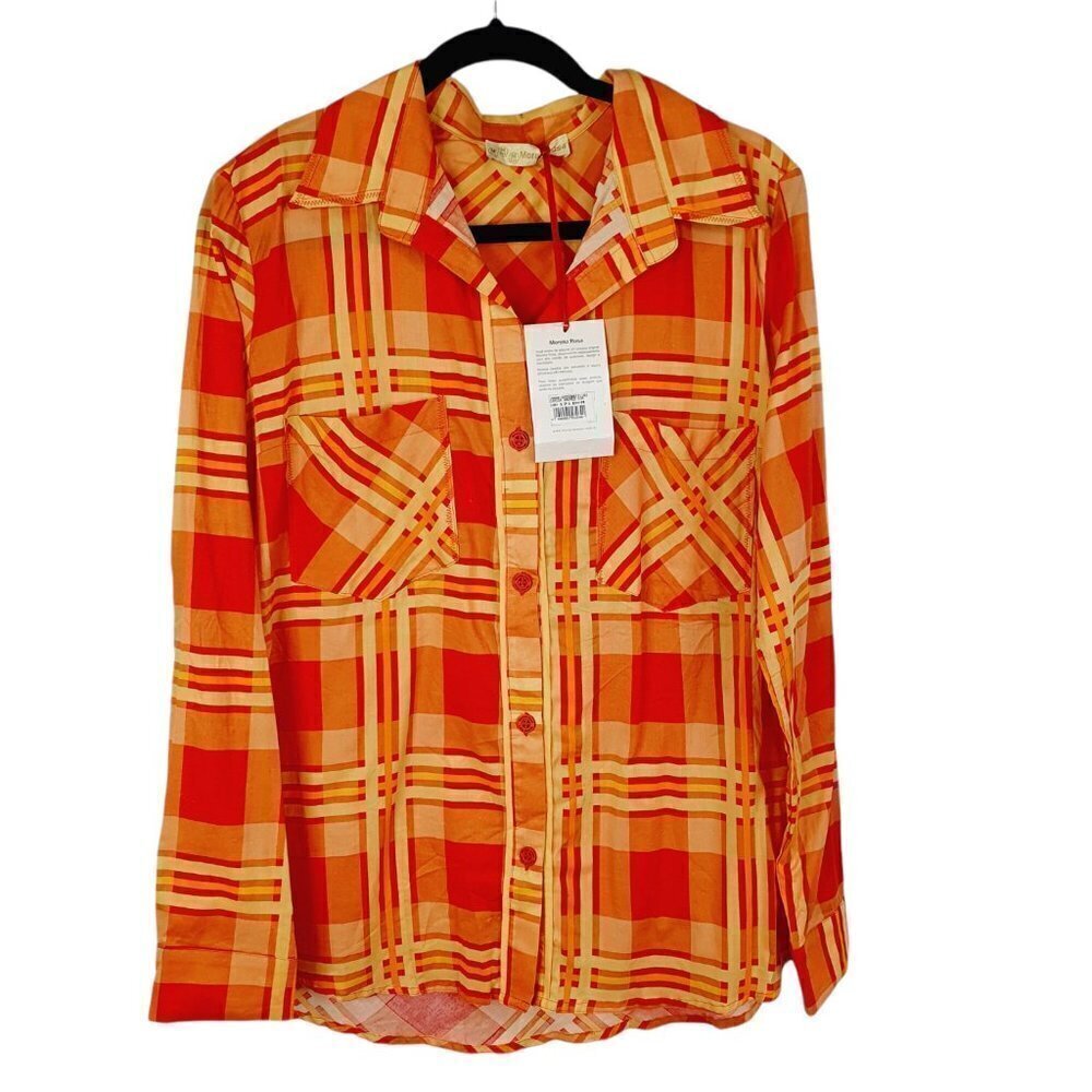 NEW‎ Morena Rosa Orange Plaid Long Sleeve Button Down Blouse Size Medium